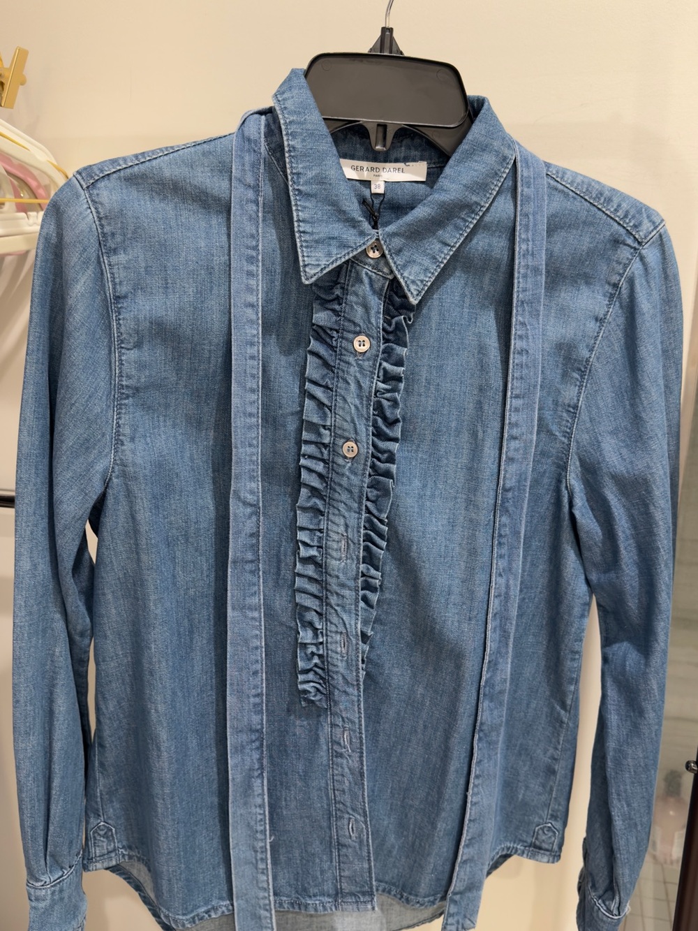 Gerard Darel Light Blue Denim Ruffle-Front Blouse size 38